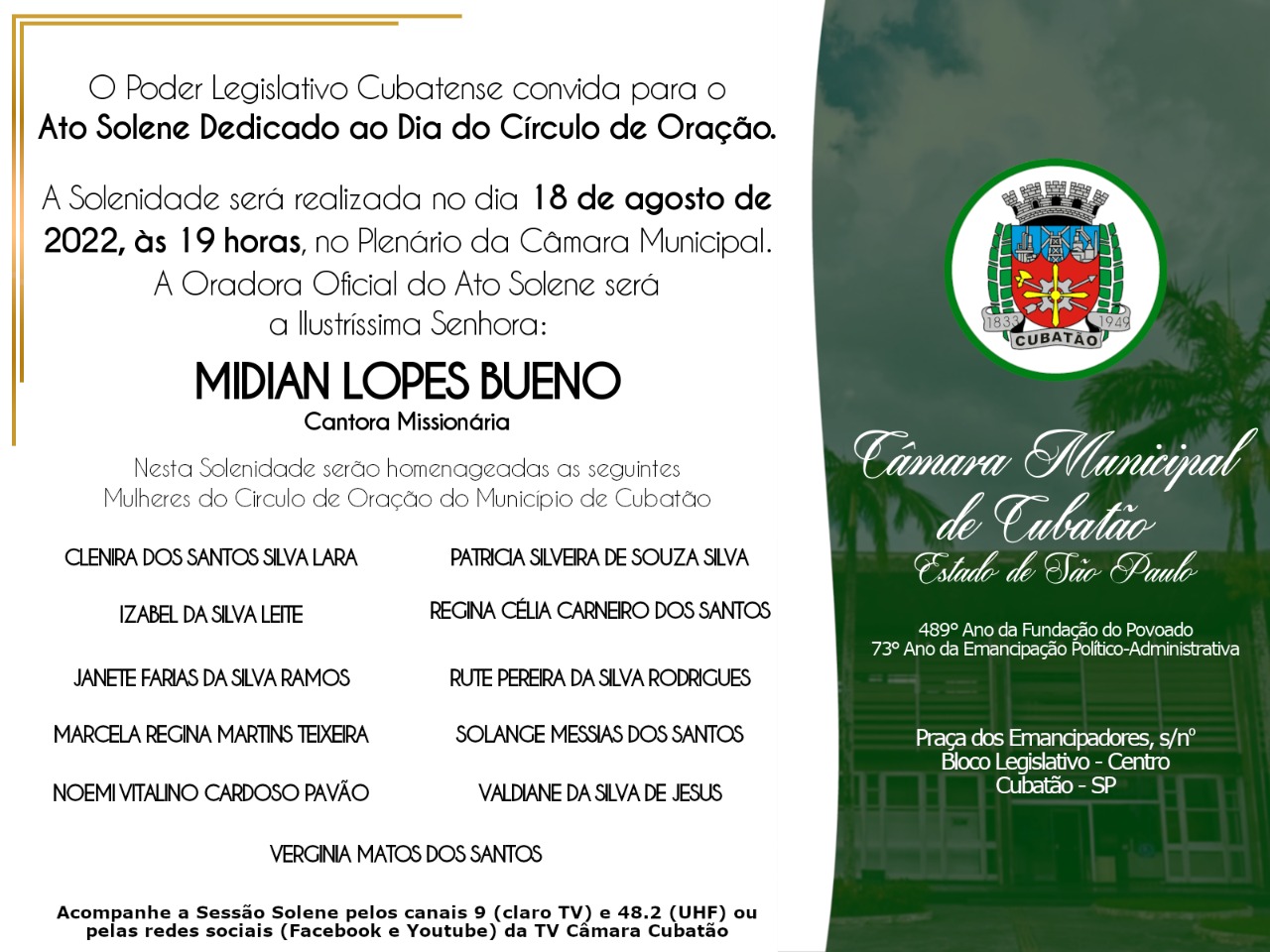 Câmara promove Ato Solene dedicado ao Dia do Círculo de Oração