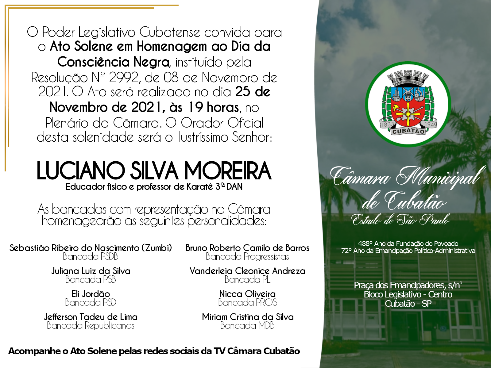 Câmara promove Ato Solene em Homenagem ao Dia Nacional da Consciência Negra