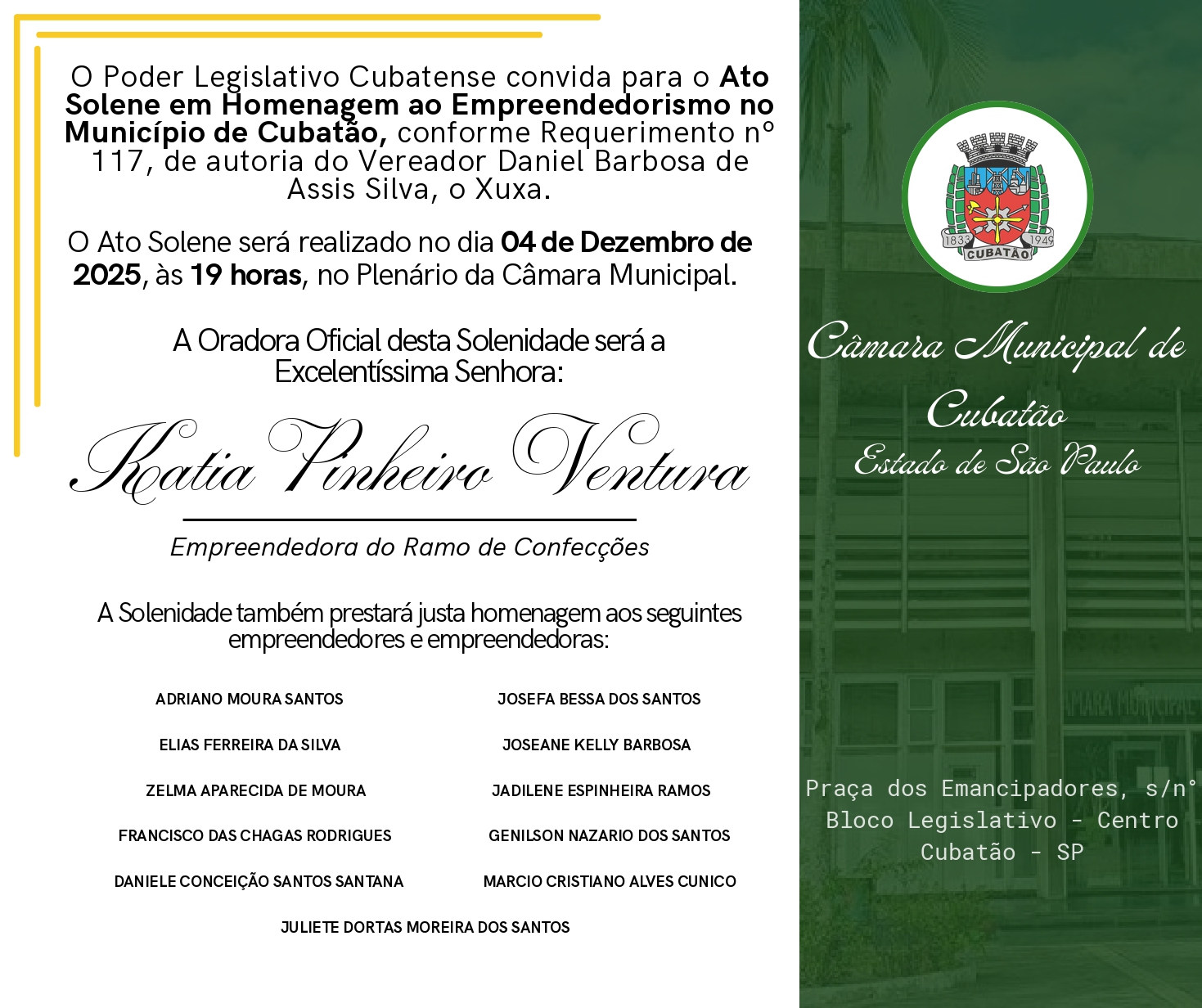 Câmara promove Ato Solene em Homenagem ao Empreendedorismo