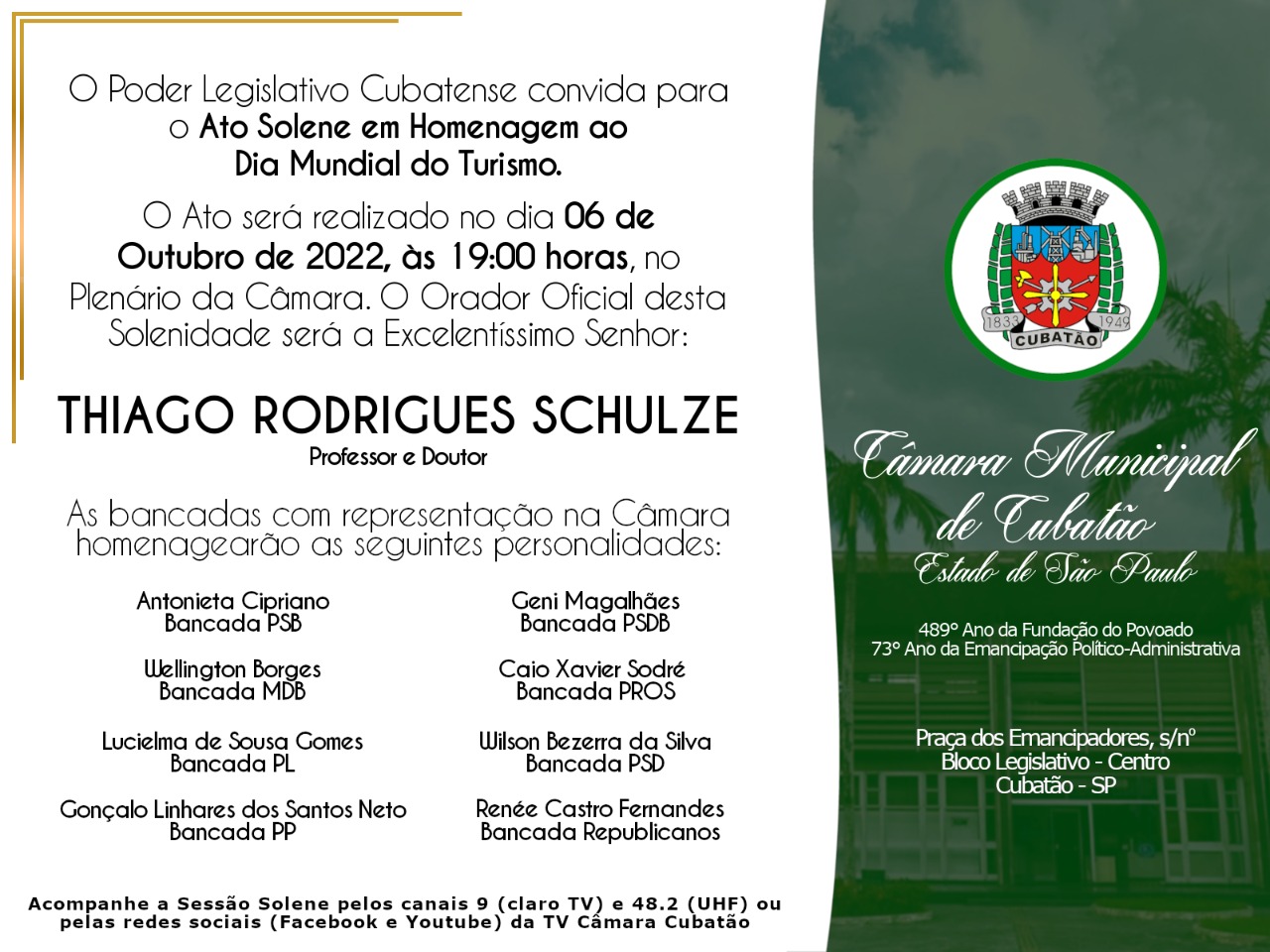 Câmara promove  Ato Solene em Homenagem ao Turismo na próxima quinta (6)