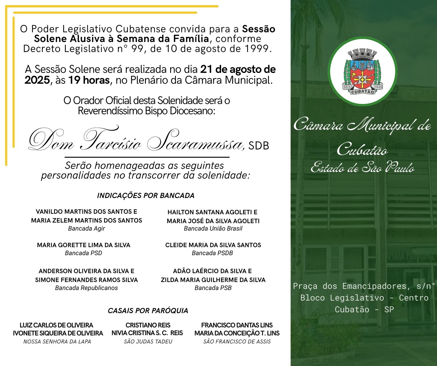 Câmara promove Sessão Solene Alusiva à Semana da Família