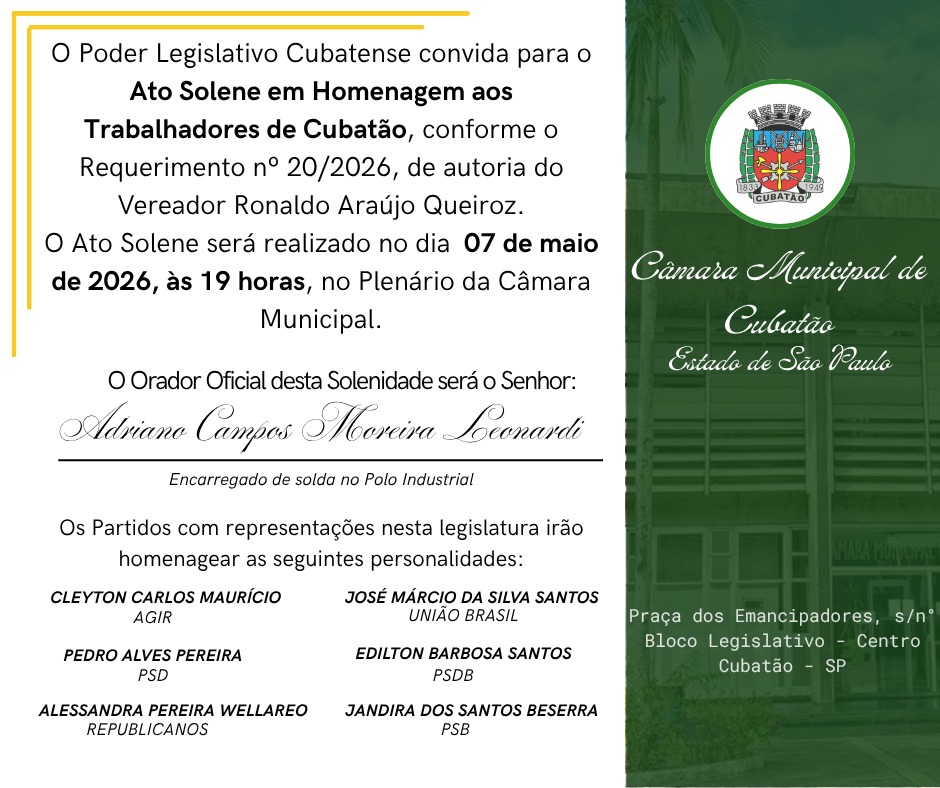 Câmara realiza Ato Solene em Homenagem aos Trabalhadores de Cubatão