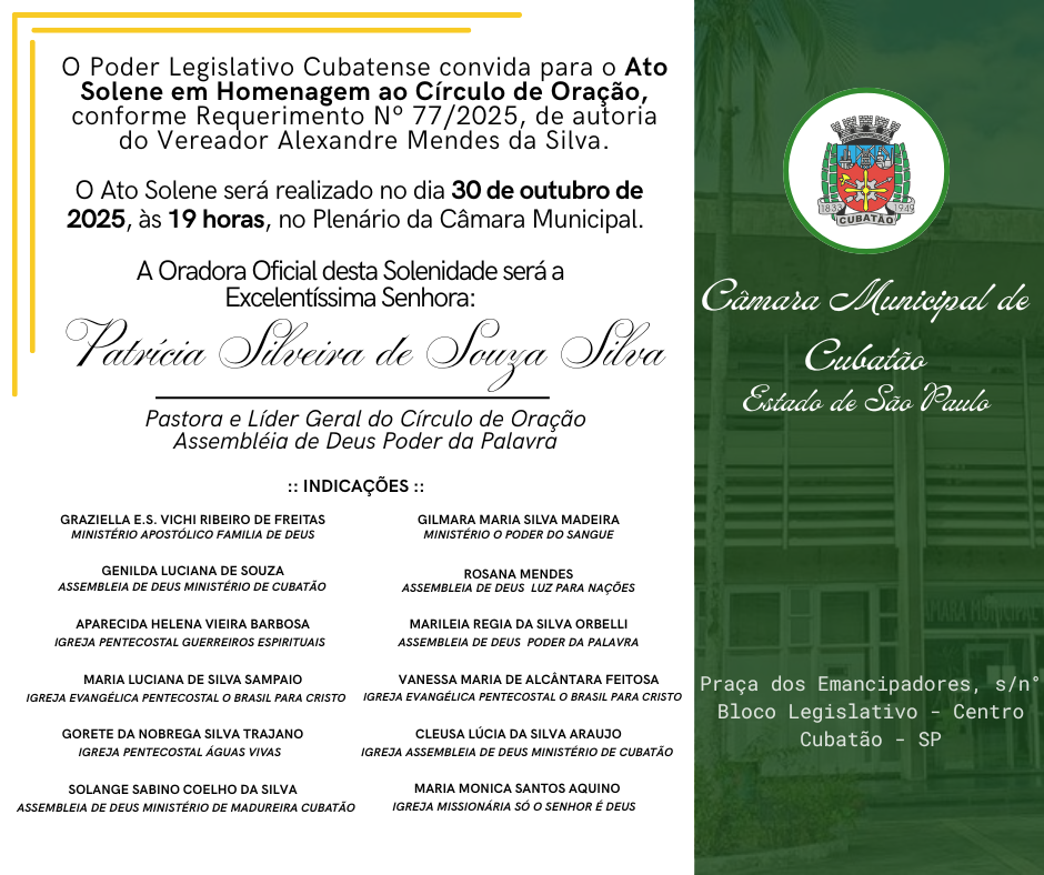 Legislativo Cubatense promove Ato Solene em Homenagem ao Círculo de Oração